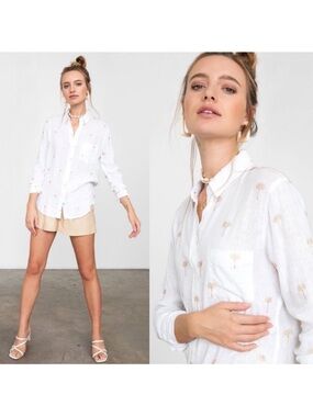 RAILS L Charli White Gold Metallic Palm Tree Long Sleeve Shirt